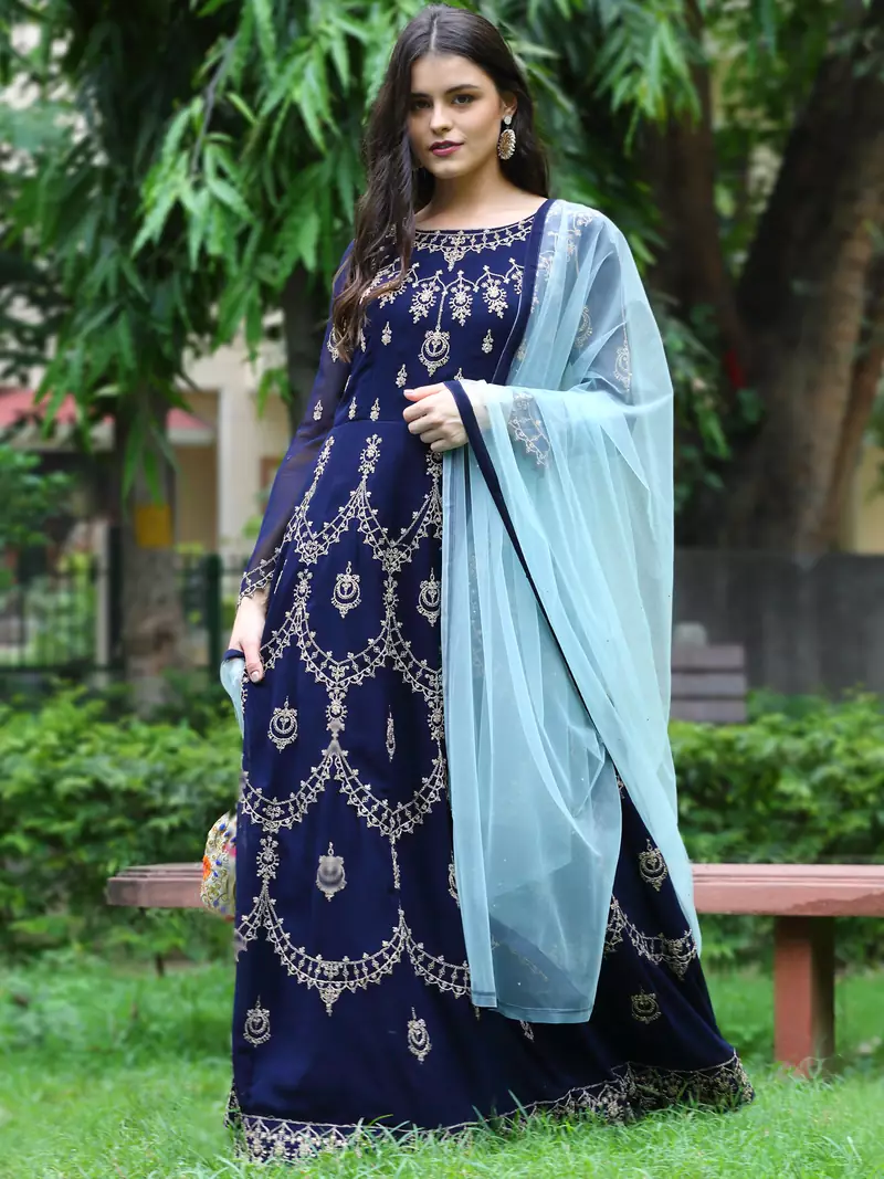Navy blue embroidered georgette salwar