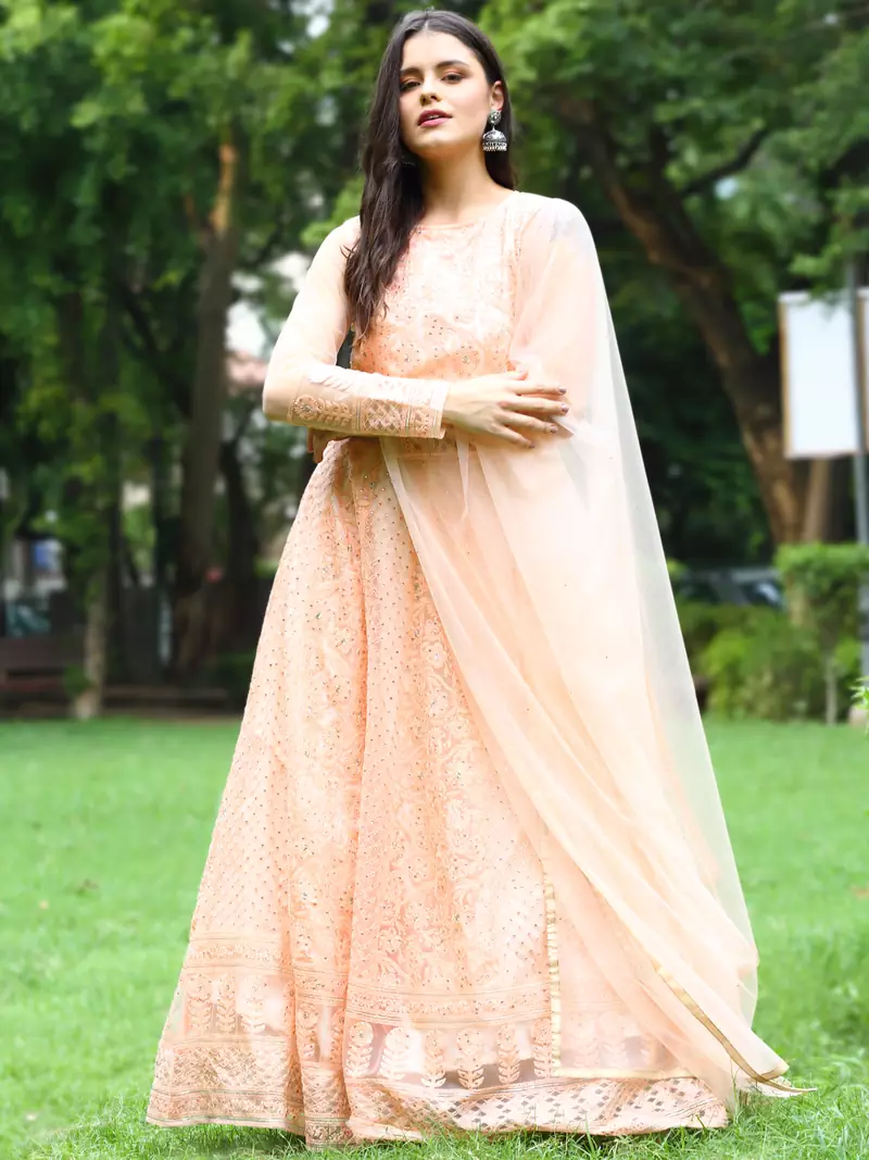 Peach embroidered net salwar