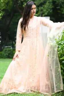 Peach embroidered net salwar