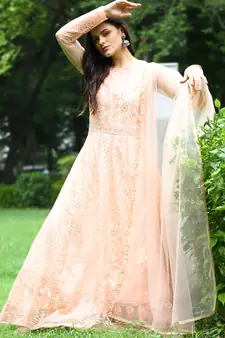 Peach embroidered net salwar