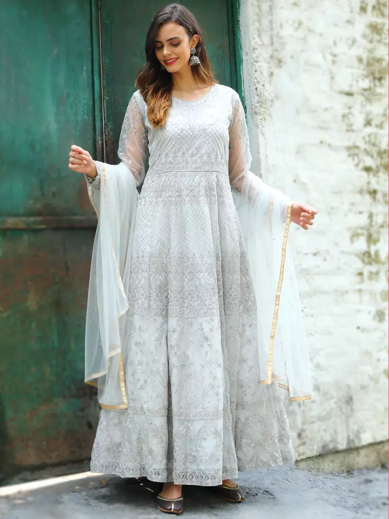 Grey embroidered net salwar