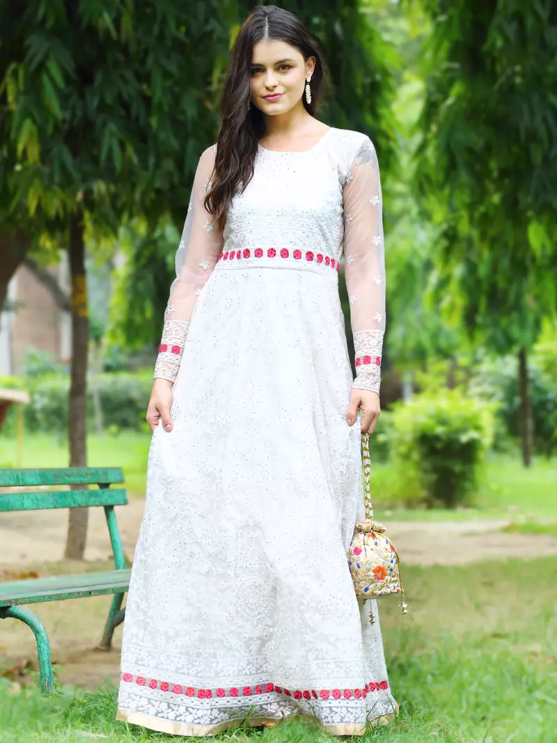 Cream embroidered net salwar