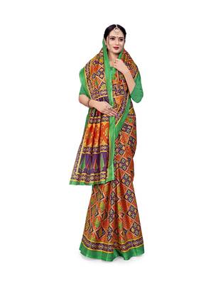 Orange printed bhagalpuri saree with blouse 1