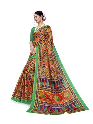 Orange printed bhagalpuri saree with blouse 4