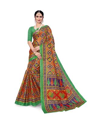 Orange printed bhagalpuri saree with blouse 5