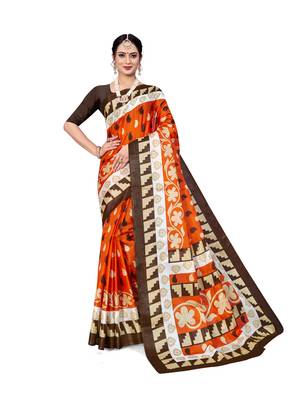 Orange printed bhagalpuri saree with blouse 1