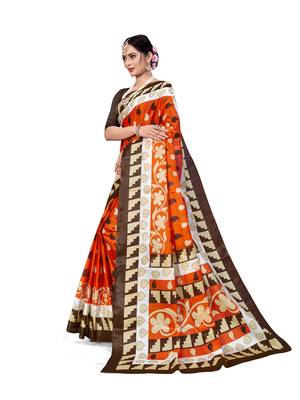 Orange printed bhagalpuri saree with blouse 4