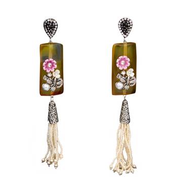 Yellow beaded jewellery Brass Copper   pair of Earrings 1