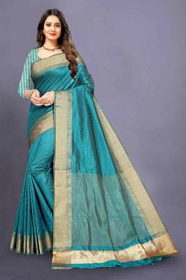 Blue woven art silk saree with blouse 1