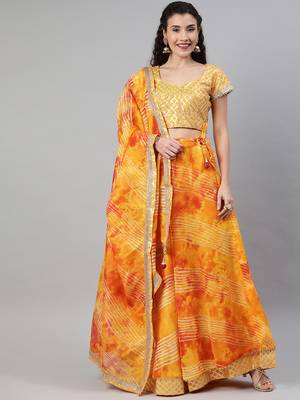 Yellow and Orange Hand Dyed Kota Silk Lehenga Set 1