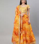 Yellow and Orange Hand Dyed Kota Silk Lehenga Set