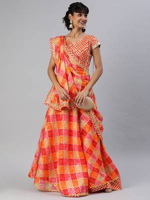 Pink and Orange Hand Dyed Kota Silk Lehenga Set 1