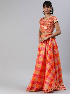 Pink and Orange Hand Dyed Kota Silk Lehenga Set 2