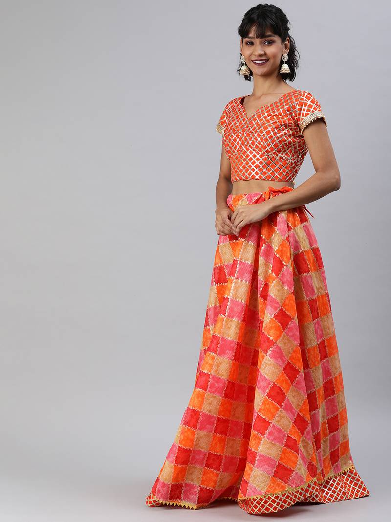 Pink and Orange Hand Dyed Kota Silk Lehenga Set