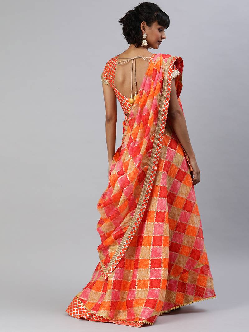 Pink and Orange Hand Dyed Kota Silk Lehenga Set