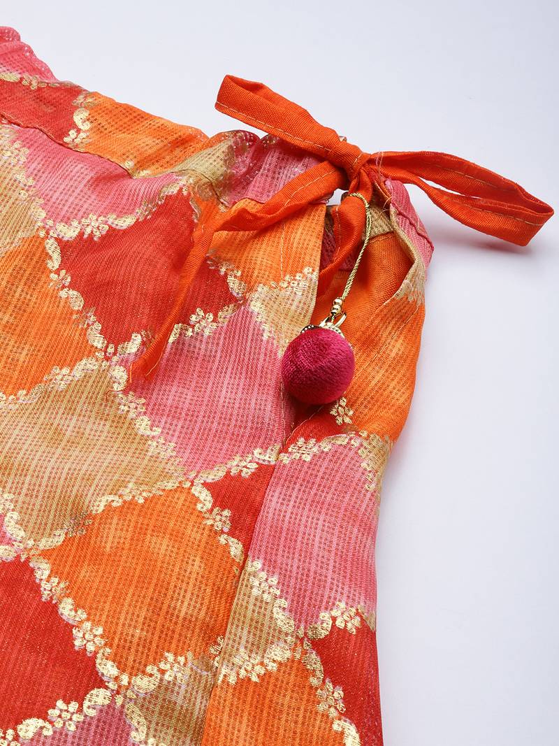 Pink and Orange Hand Dyed Kota Silk Lehenga Set