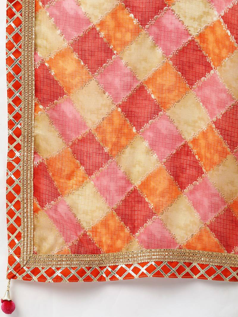 Pink and Orange Hand Dyed Kota Silk Lehenga Set