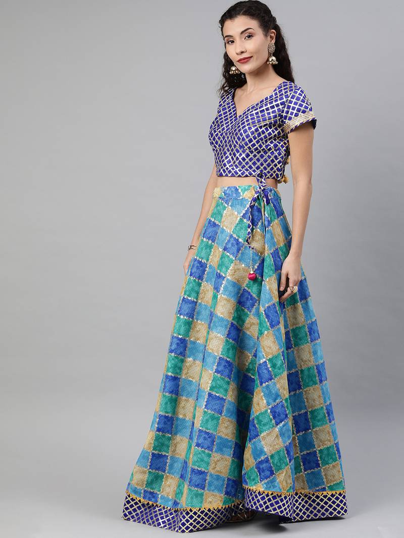 Geroo Jaipur Blue Hand Dyed Kota Silk Lehenga Set