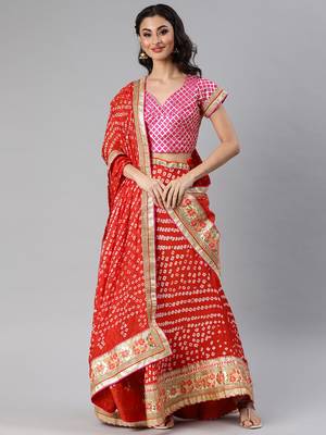 Red Hand Crafted Bandhani Lehenga Set 1
