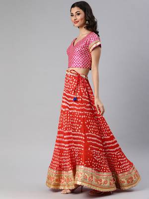 Red Hand Crafted Bandhani Lehenga Set 2