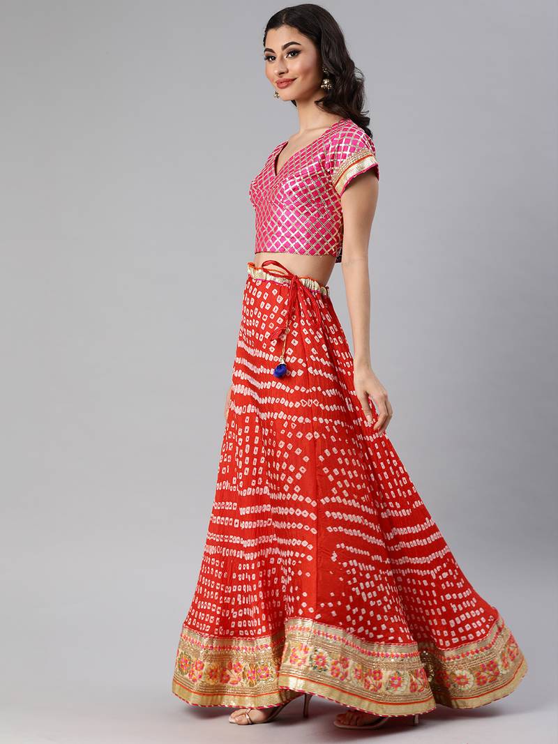 Red Hand Crafted Bandhani Lehenga Set