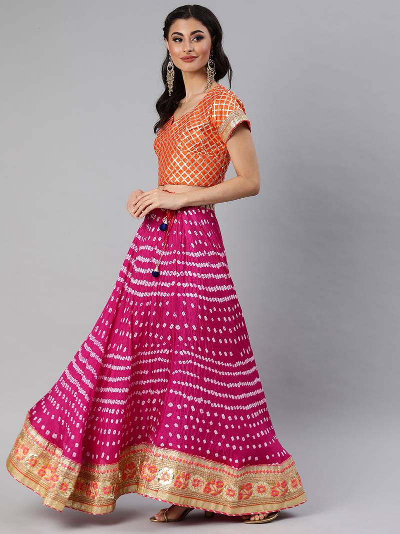 Pink Hand Crafted Bandhani Lehenga Set