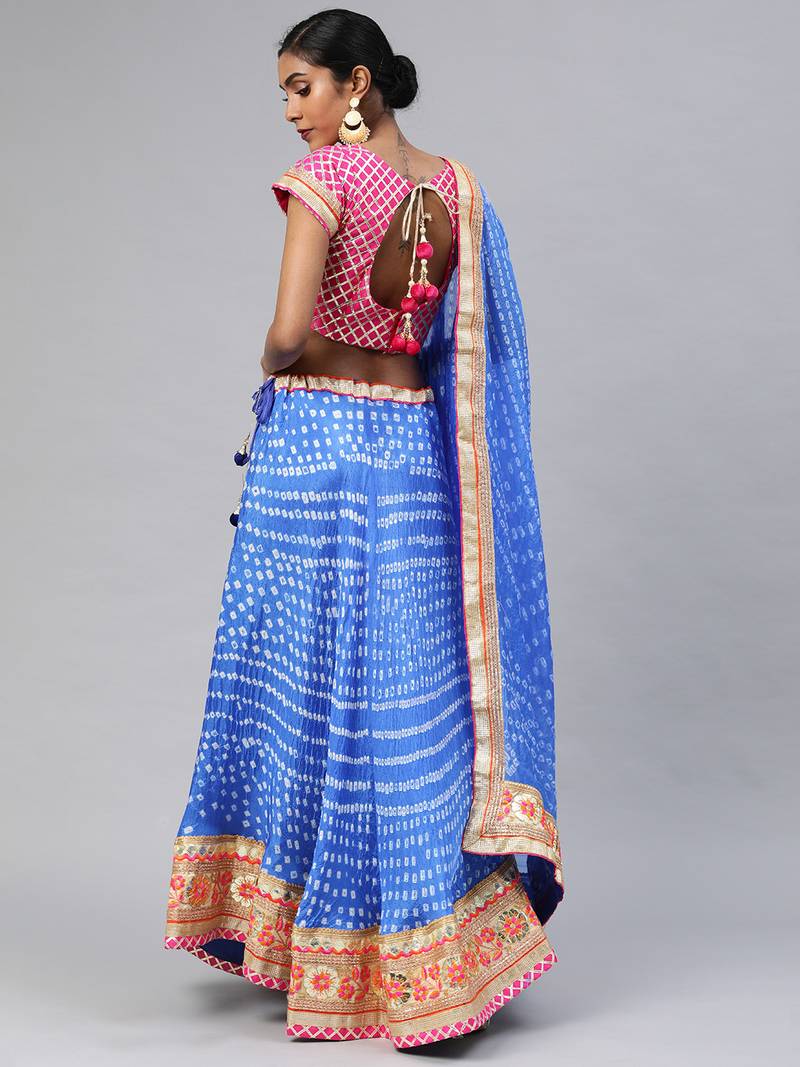 Royal Blue Hand Crafted Bandhani Lehenga Set