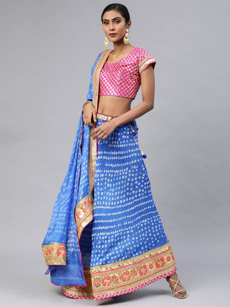 Royal Blue Hand Crafted Bandhani Lehenga Set