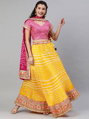 Geroo Jaipur Yellow Hand Crafted Bandhani Lehenga Set 1