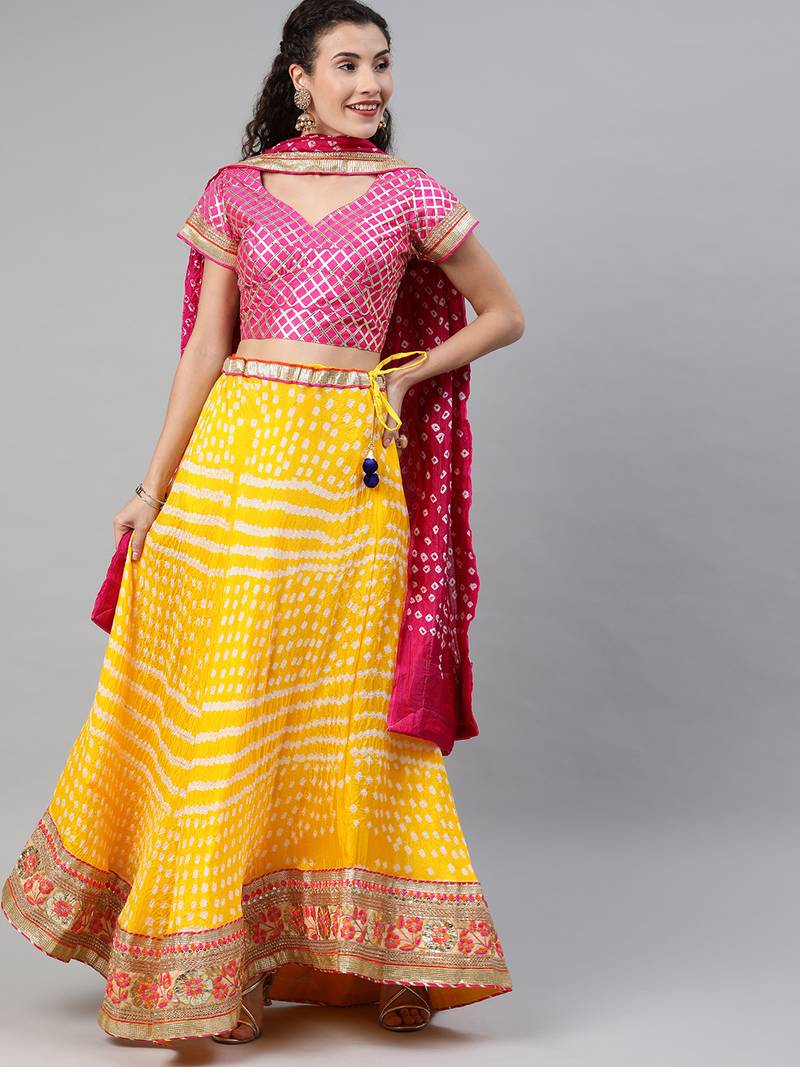 Geroo Jaipur Yellow Hand Crafted Bandhani Lehenga Set