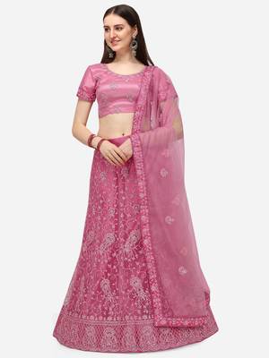 Pink embroidered net semi stitched lehenga 1