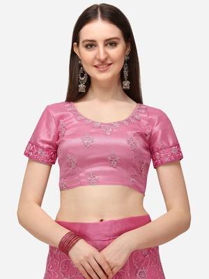 Pink embroidered net semi stitched lehenga 2