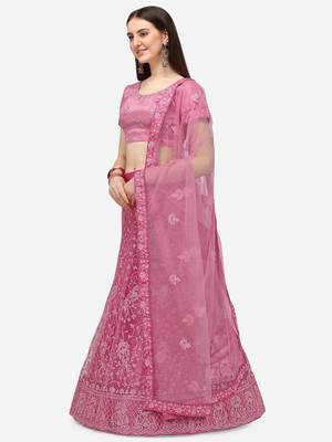 Pink embroidered net semi stitched lehenga 3