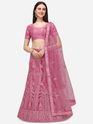 Pink embroidered net semi stitched lehenga 1