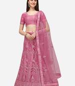 Pink embroidered net semi stitched lehenga