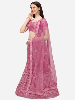 Pink embroidered net semi stitched lehenga 2