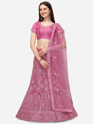 Pink embroidered net semi stitched lehenga 1