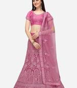 Pink embroidered net semi stitched lehenga