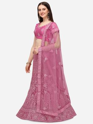 Pink embroidered net semi stitched lehenga 3