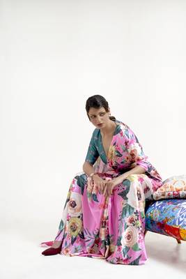 Multicolor printed crepe saree with blouse 2