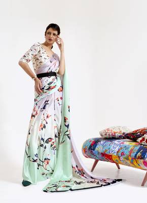 Multicolor printed crepe saree with blouse 1