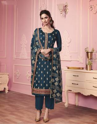 Dark-blue embroidered georgette salwar 1