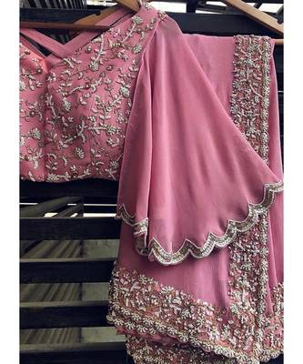 pink georgette embroidered  saree with blouse 1