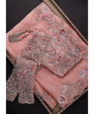 peach organza embroidered  saree with blouse 1