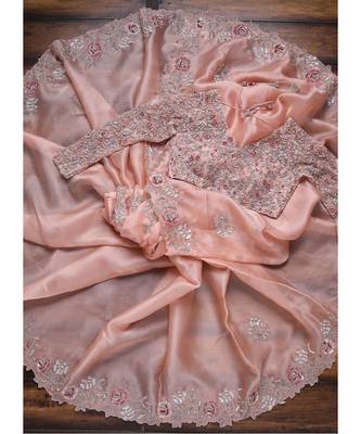 peach organza embroidered  saree with blouse 2
