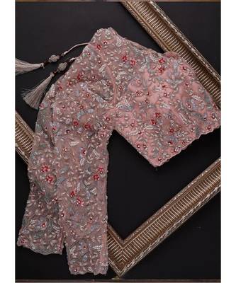 peach organza embroidered  saree with blouse 3
