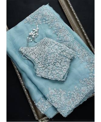 sky_blue organza embroidered  saree with blouse 1