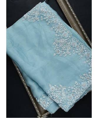 sky_blue organza embroidered  saree with blouse 2