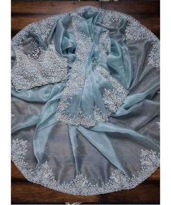 sky_blue organza embroidered  saree with blouse 3