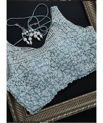 sky_blue organza embroidered  saree with blouse 4